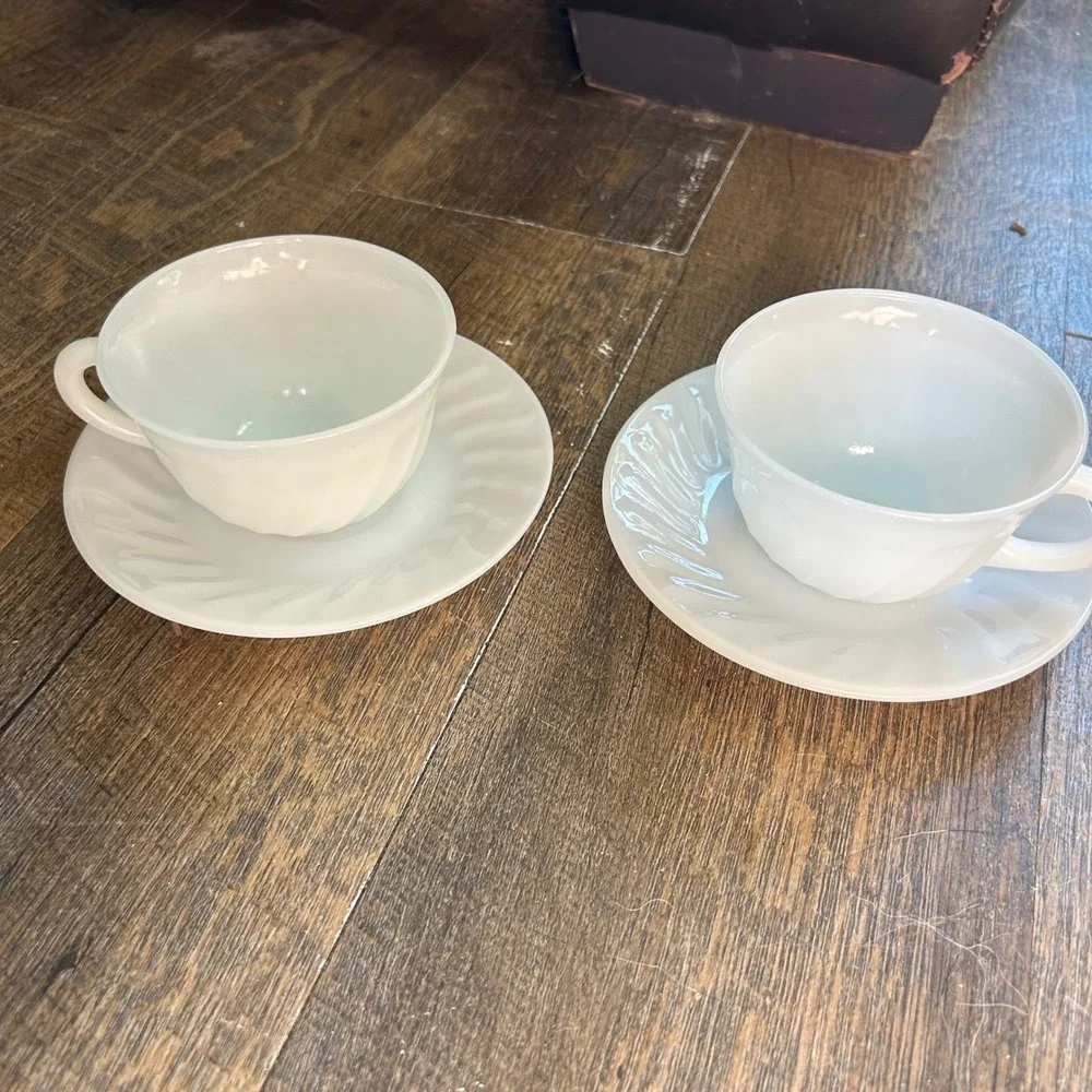 Vintage Fire-King White Swirl Milk Glass Teacup and Saucer Set of 2 MCM USA